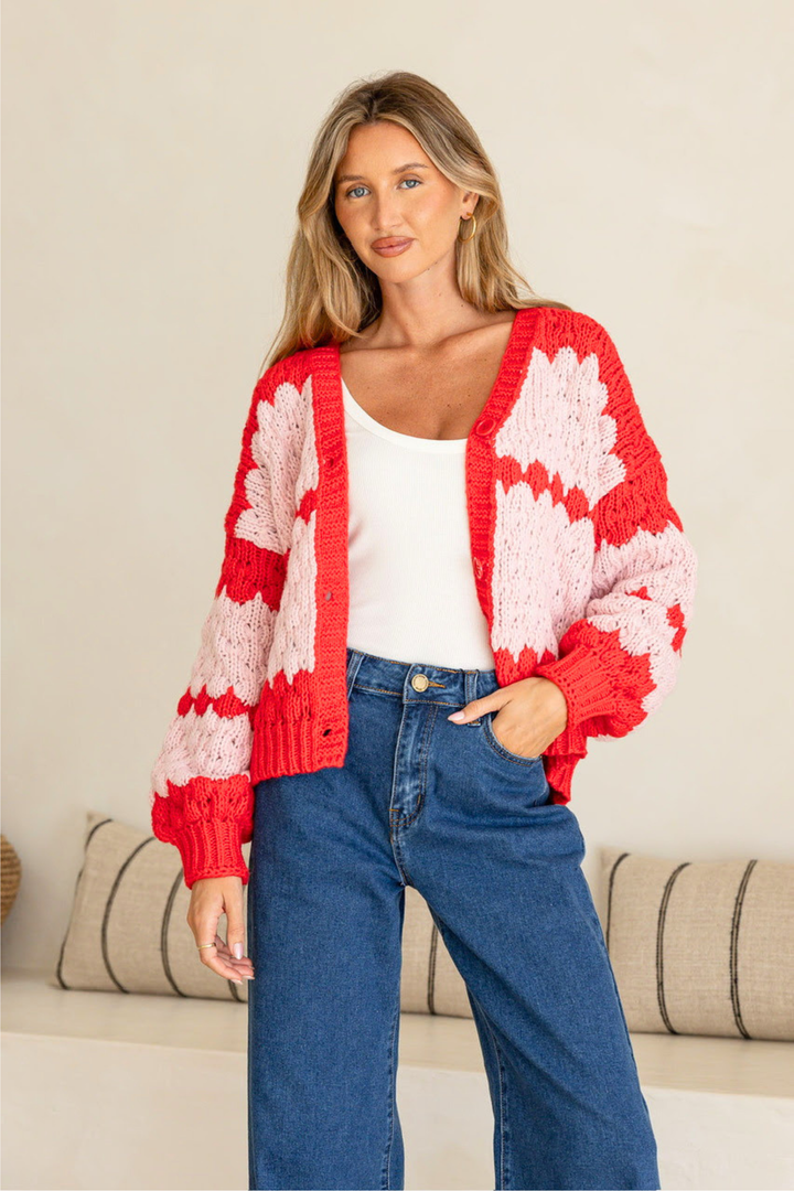 Chunky Weave Button Cardi - Pink/Red
