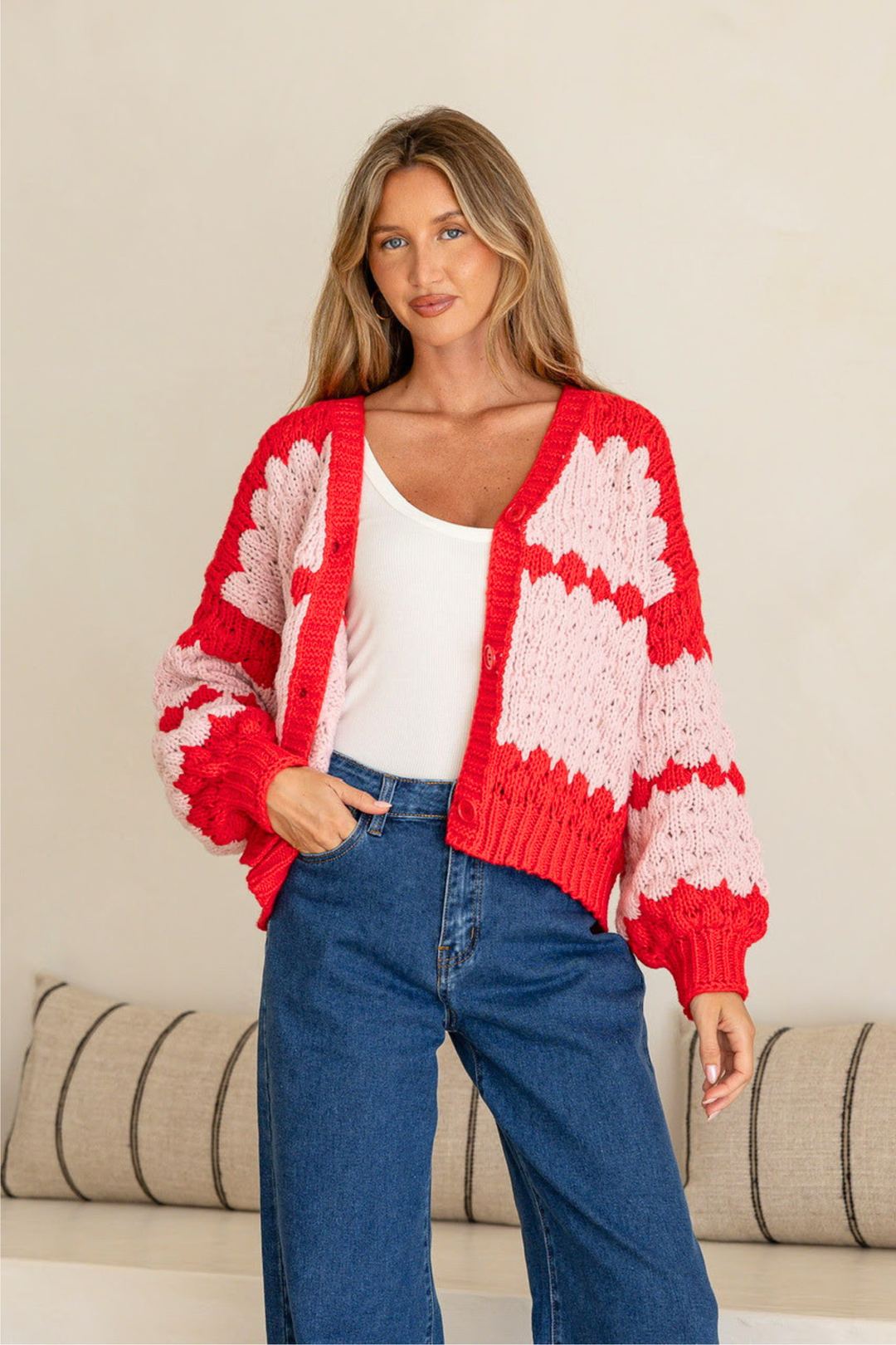 Chunky Weave Button Cardi - Pink/Red