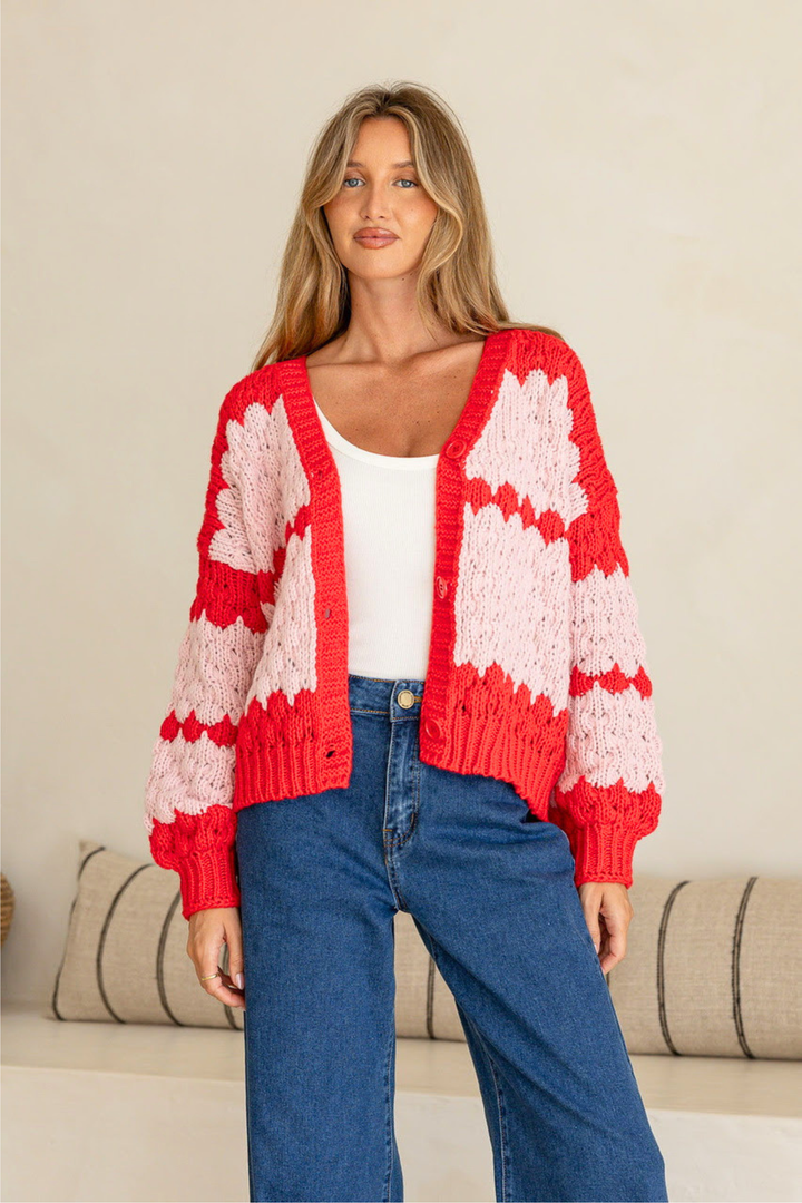 Chunky Weave Button Cardi - Pink/Red