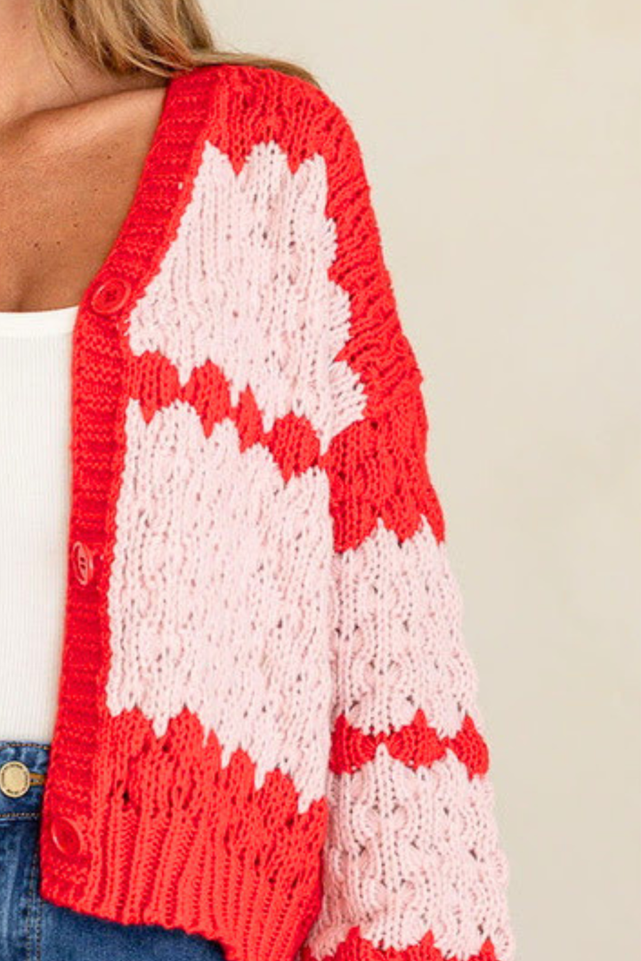 Chunky Weave Button Cardi - Pink/Red