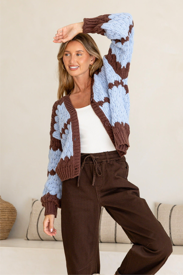 Chunky Weave Button Cardi - Blue / Cocoa