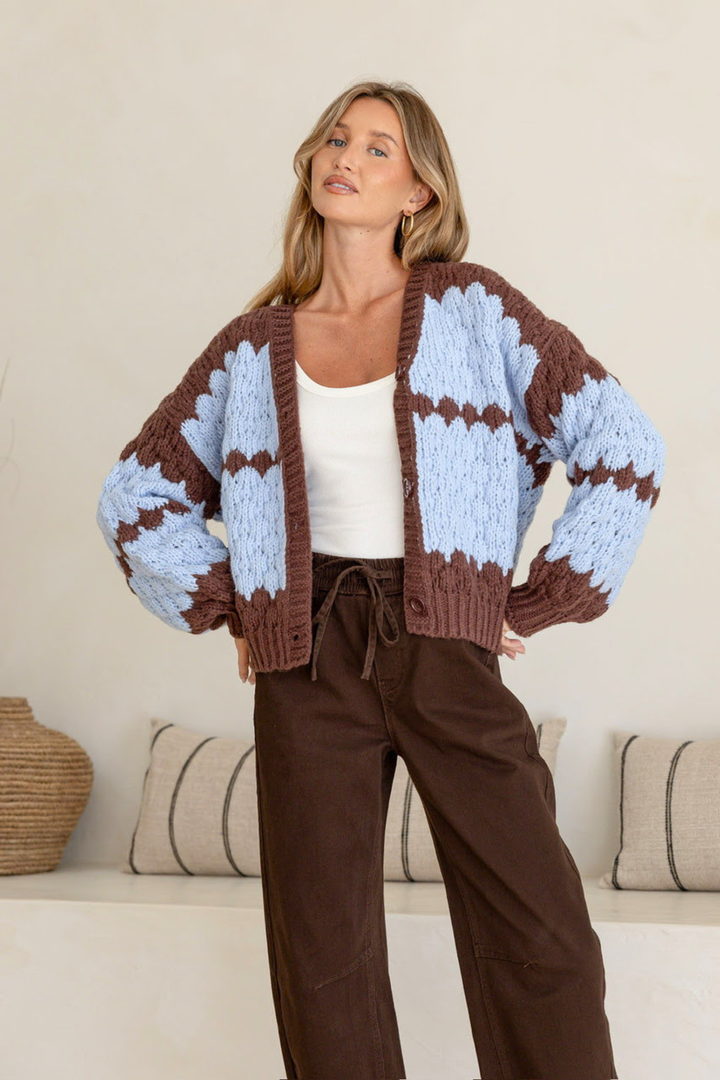 Chunky Weave Button Cardi - Blue / Cocoa