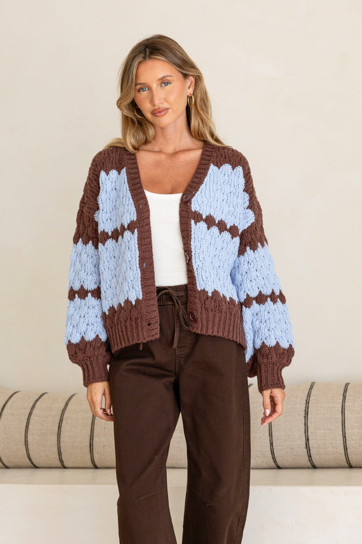 Chunky Weave Button Cardi - Blue / Cocoa