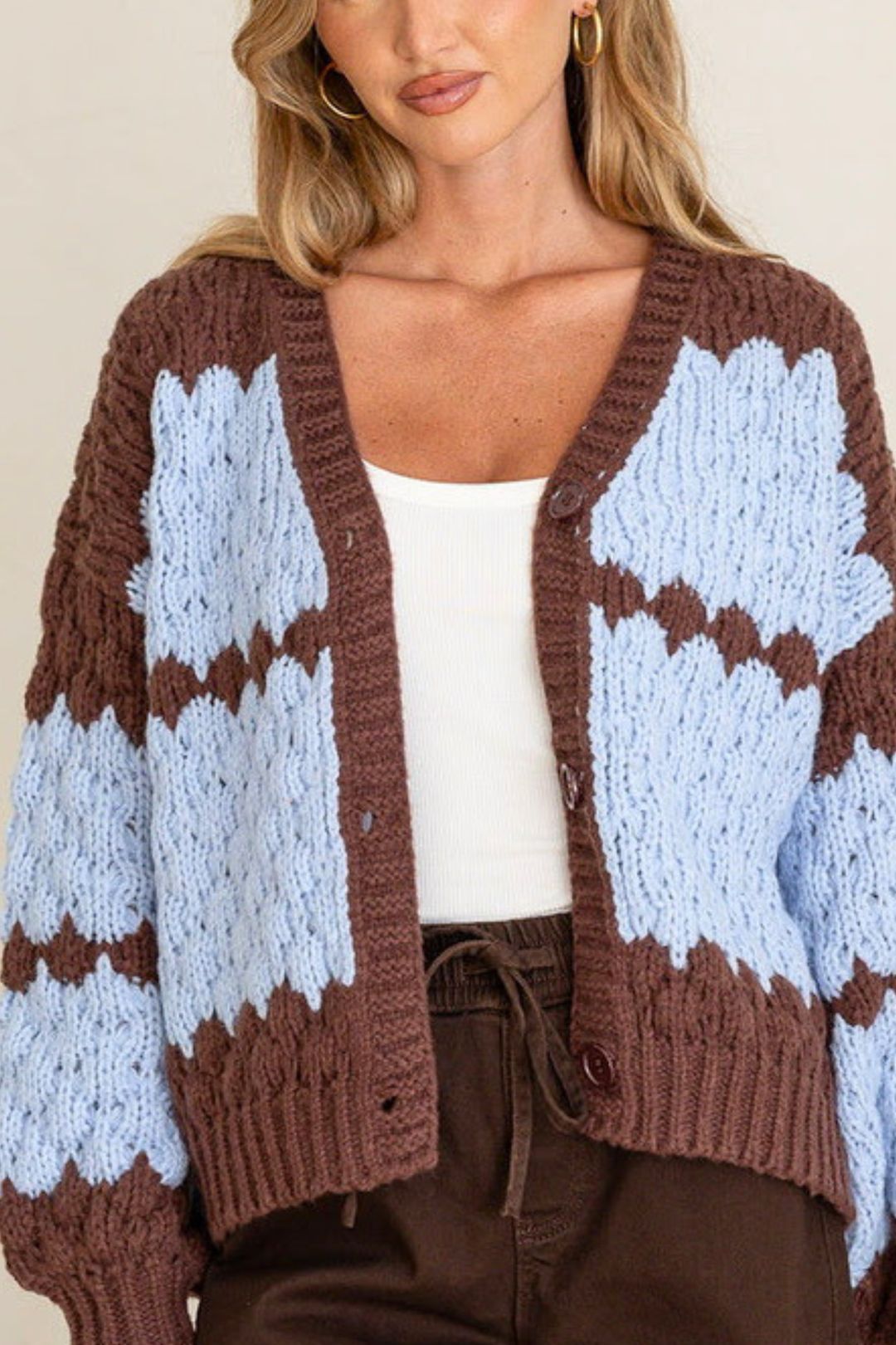 Chunky Weave Button Cardi - Blue / Cocoa