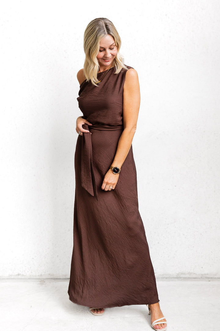 Drop Shoulder Tie Dress - Chocolate - Mabel and Woods