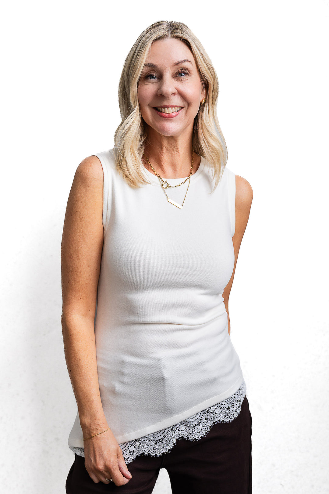 Assymetrical Knit Lace Tank - Cream