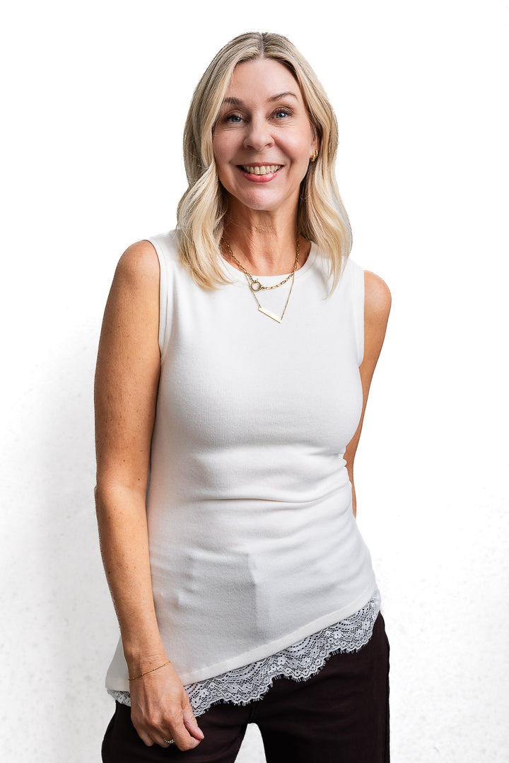 Assymetrical Knit Lace Tank - Cream
