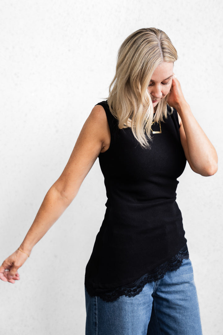 Assymetrical Knit Lace Tank - Black