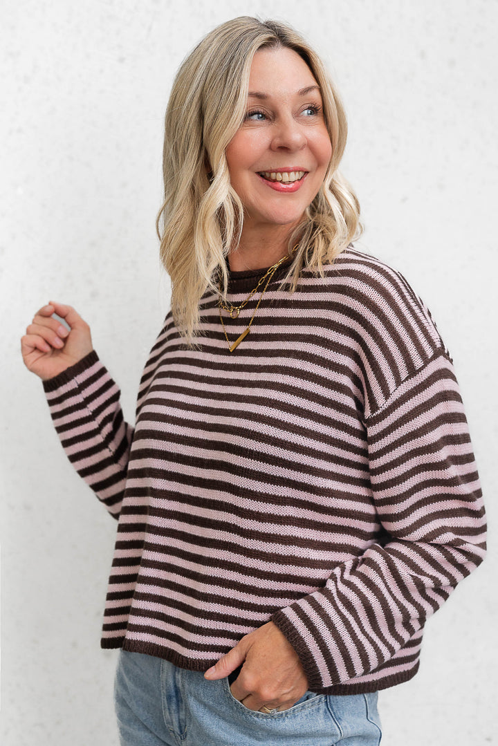 Cara Stripe Knit - Pink / Choc