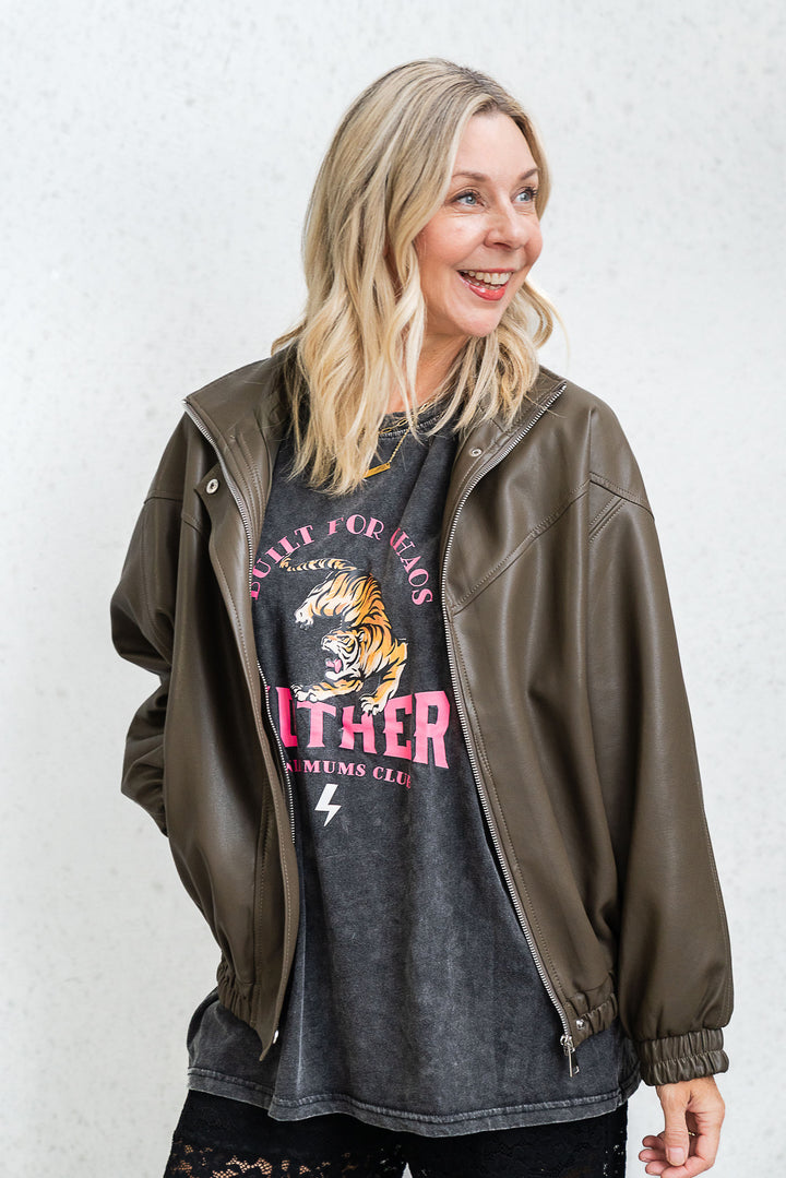 Olive Faux Leather Bomber