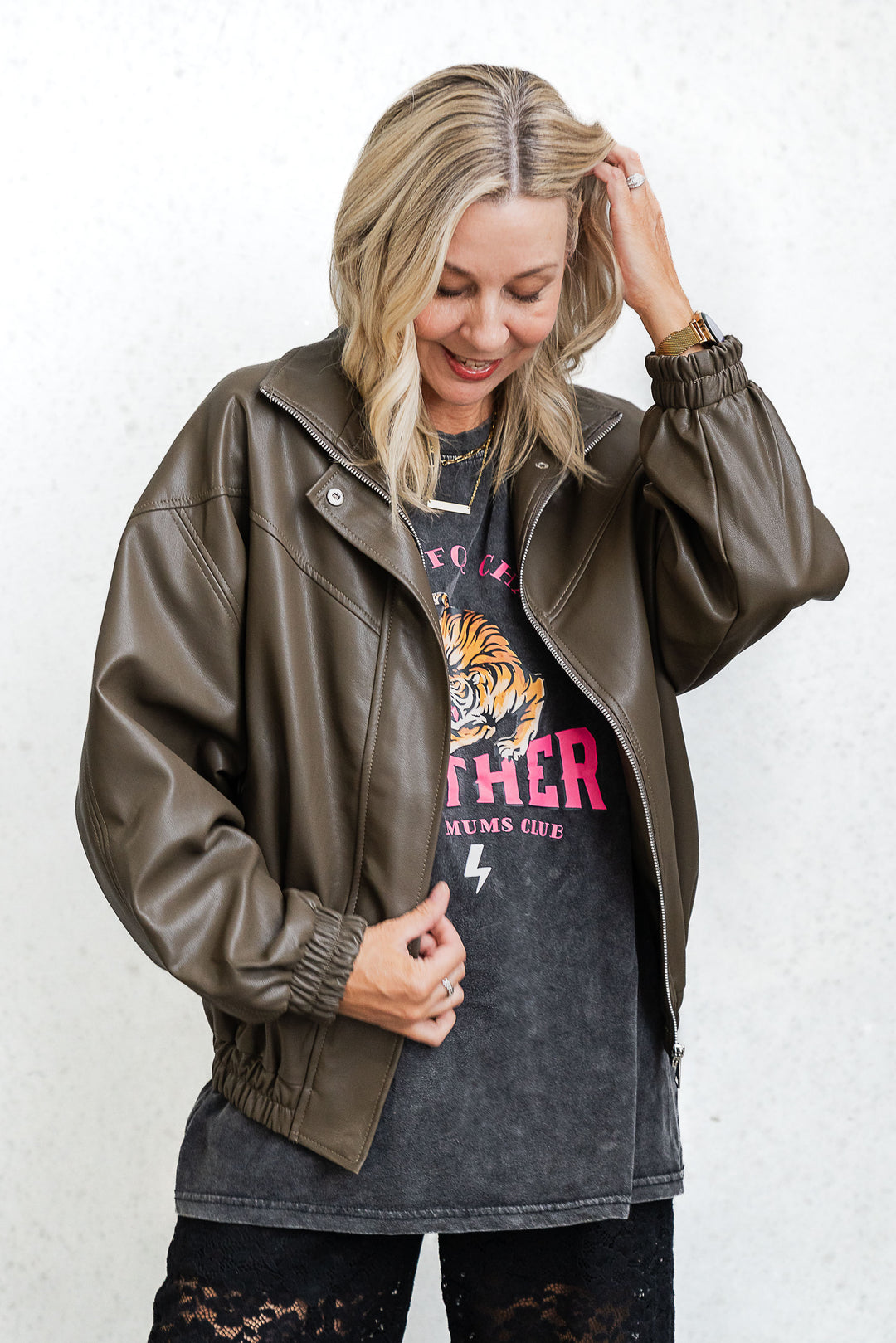 Olive Faux Leather Bomber