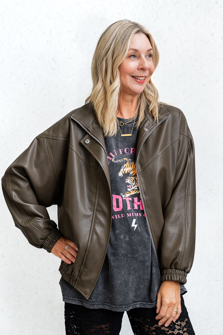 Olive Faux Leather Bomber