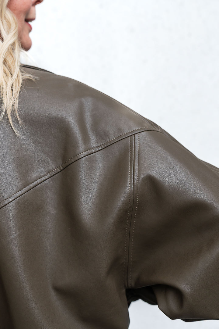 Olive Faux Leather Bomber