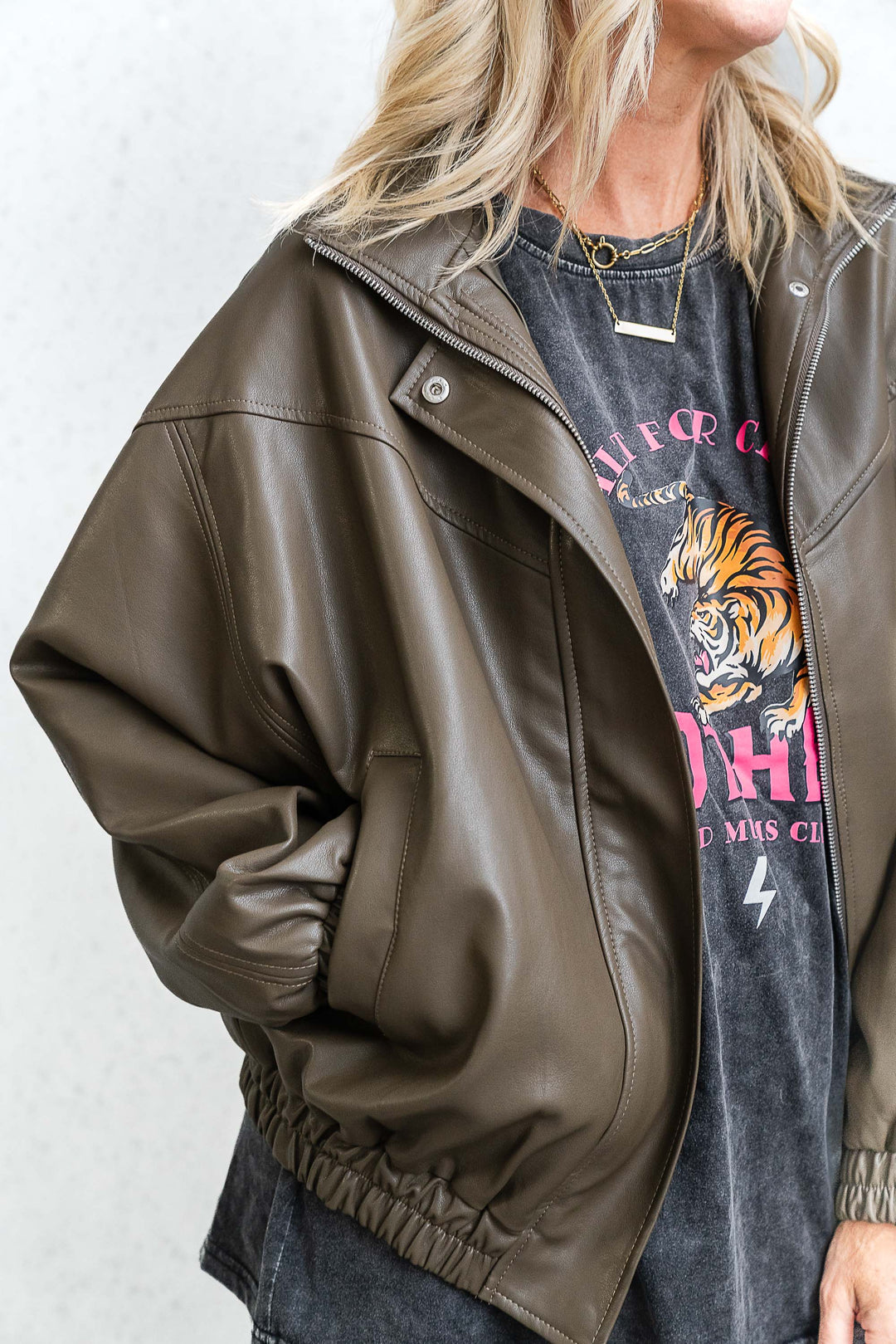 Olive Faux Leather Bomber