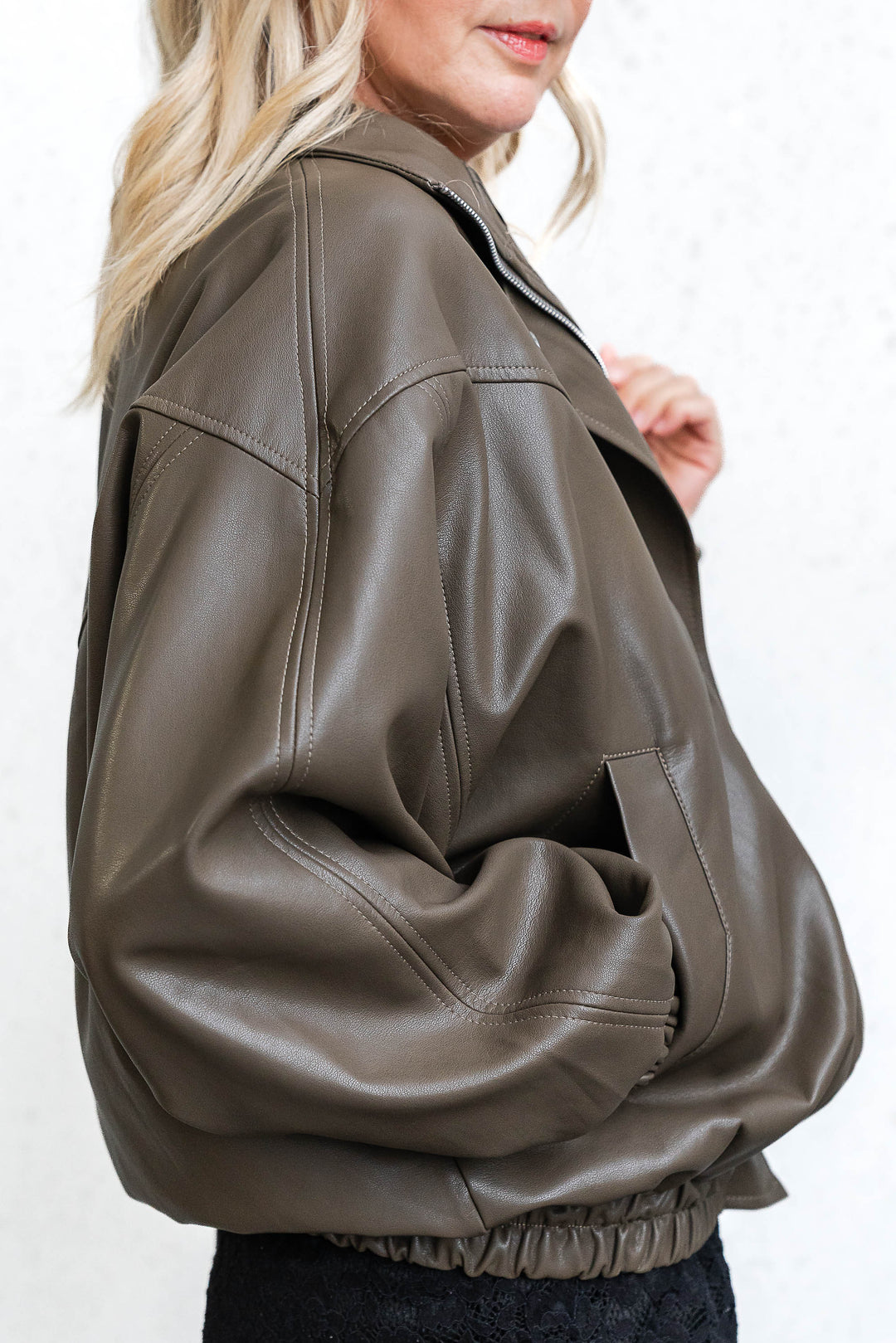 Olive Faux Leather Bomber