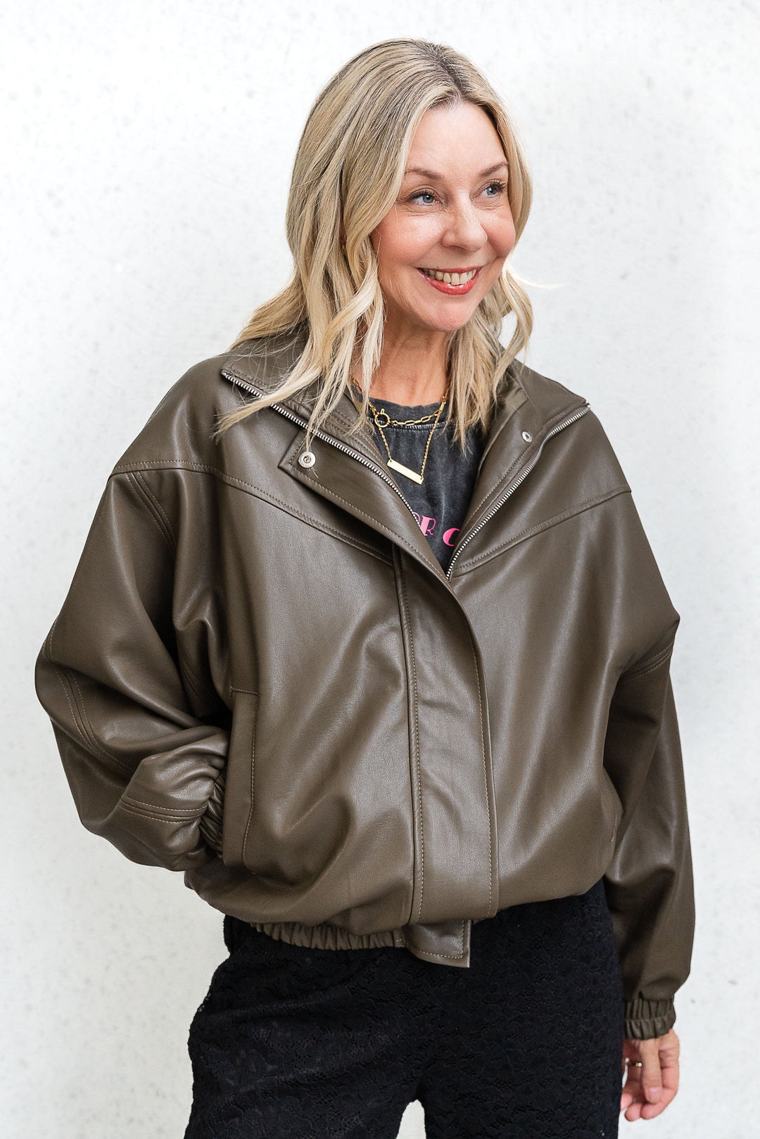 Olive Faux Leather Bomber