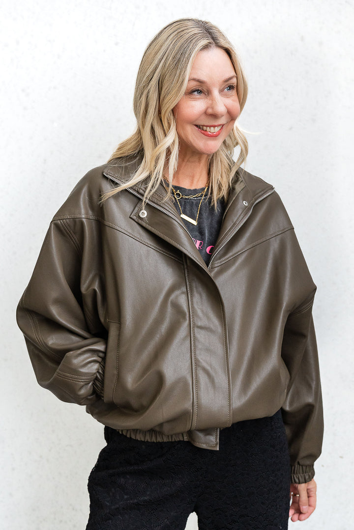Olive Faux Leather Bomber