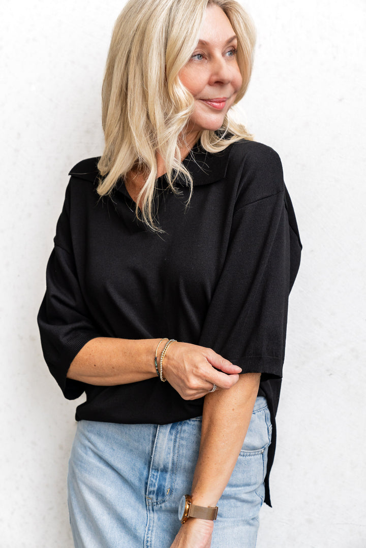 Collared Knit Top - Black