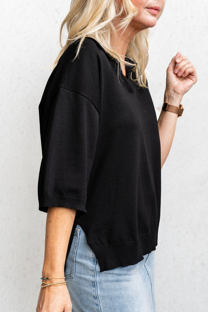 Collared Knit Top - Black
