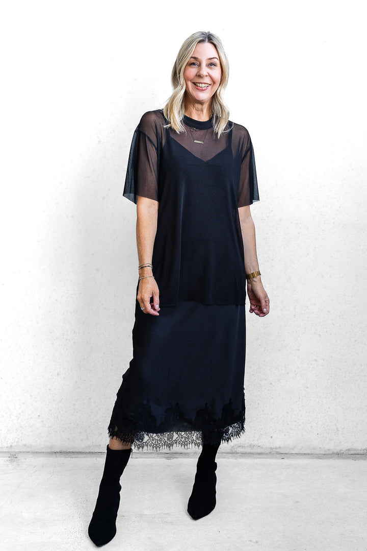 Satin Midi Skirt - Black