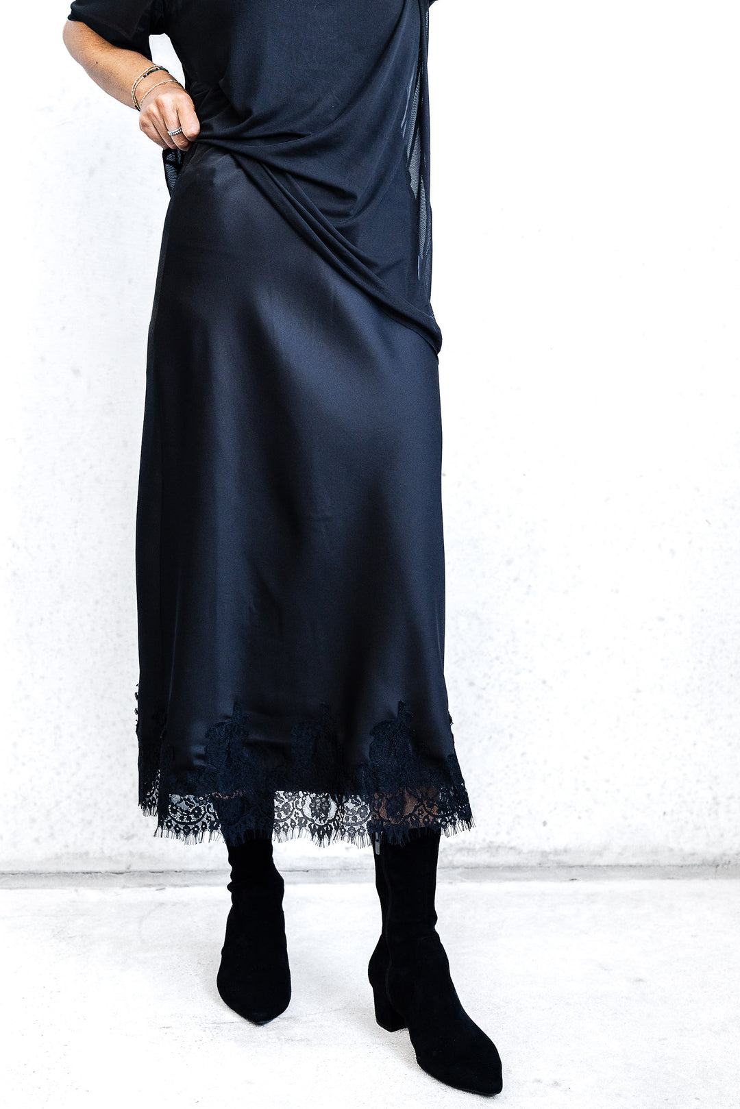 Satin Midi Skirt - Black