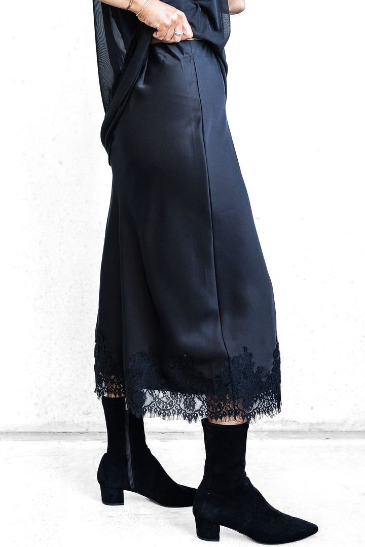 Satin Midi Skirt - Black