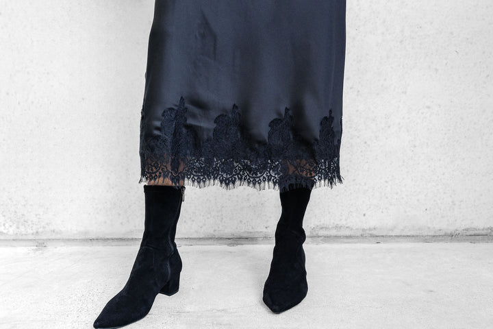 Satin Midi Skirt - Black