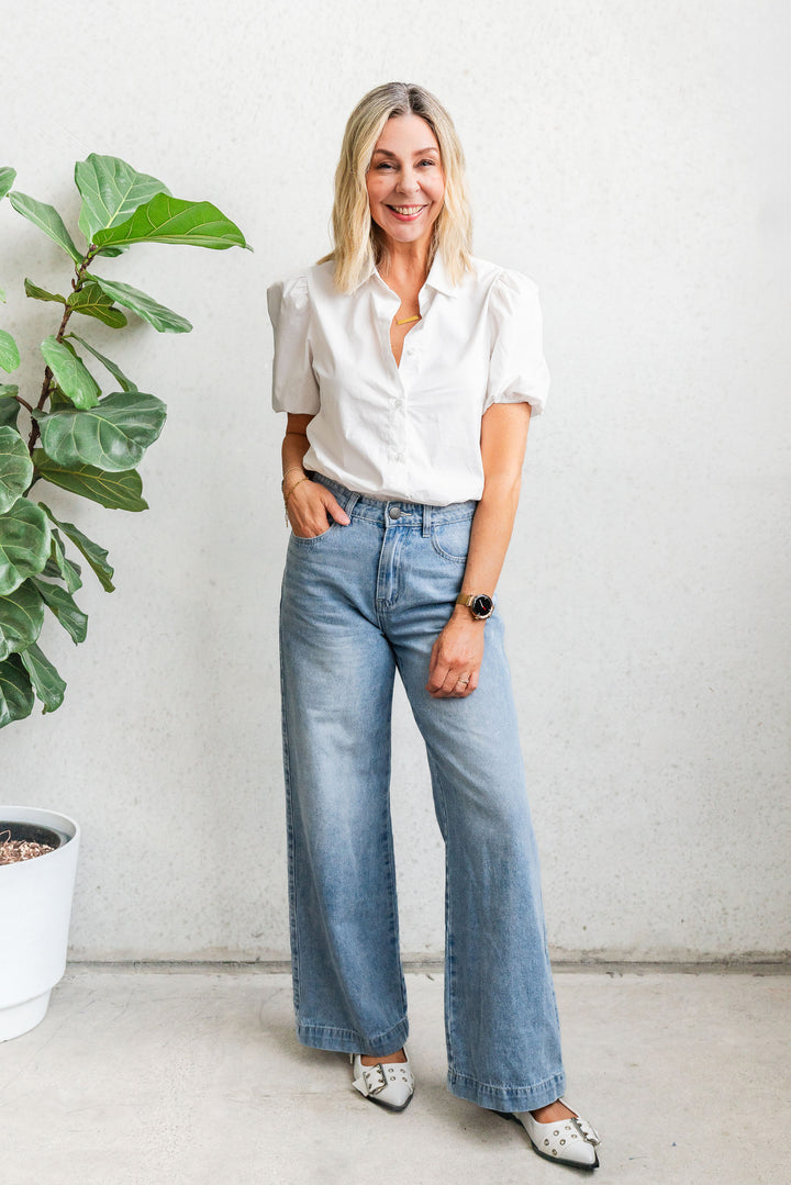 Poplin Puff Sleeve Shirt - White