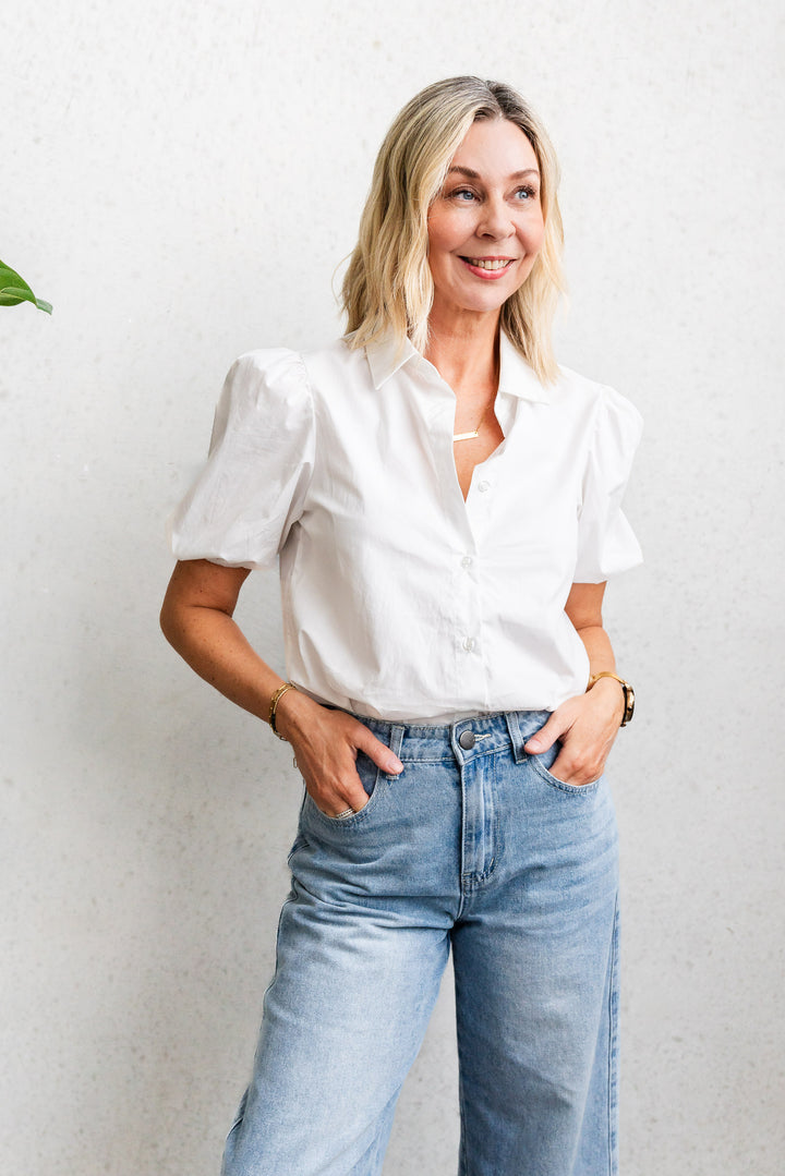 Poplin Puff Sleeve Shirt - White