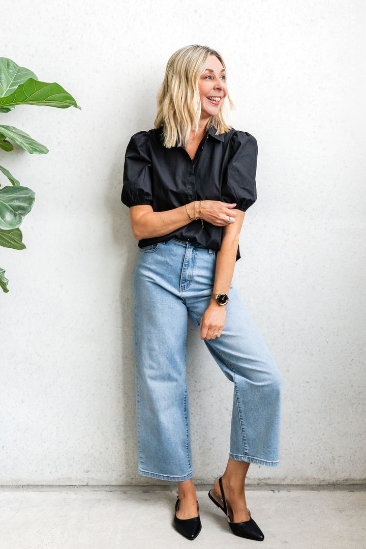 Poplin Puff Sleeve Shirt - Black