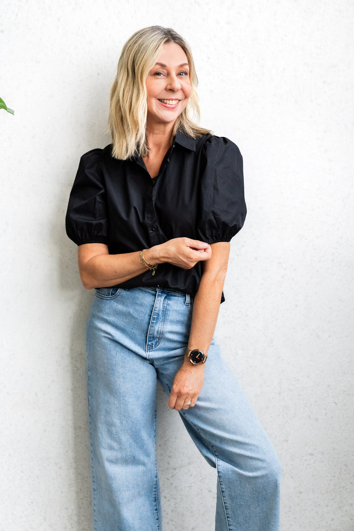 Poplin Puff Sleeve Shirt - Black