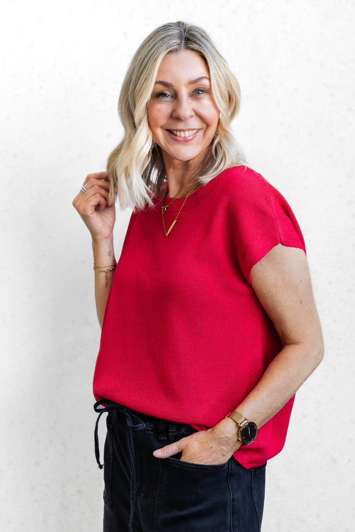 Henley Knit Top - Red