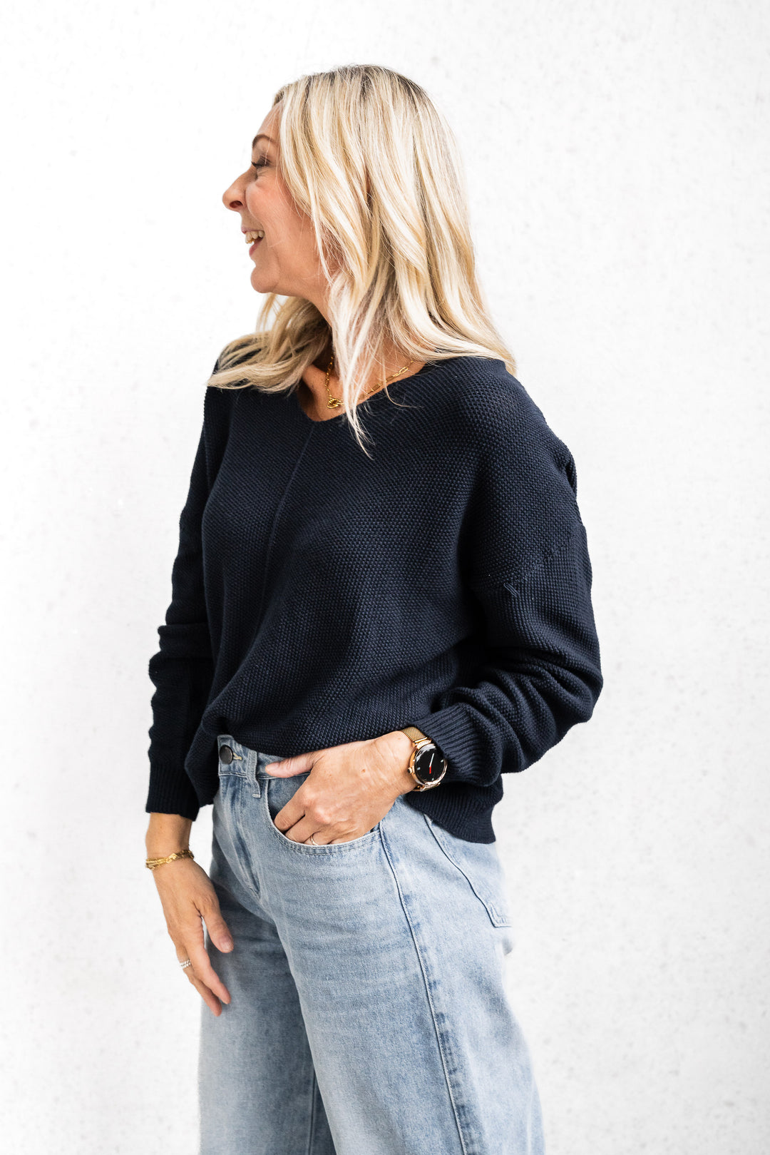 Cotton Waffle Jumper - Navy