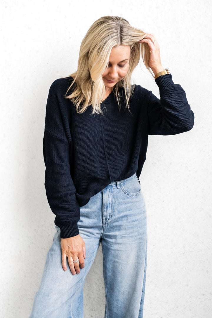 Cotton Waffle Jumper - Navy