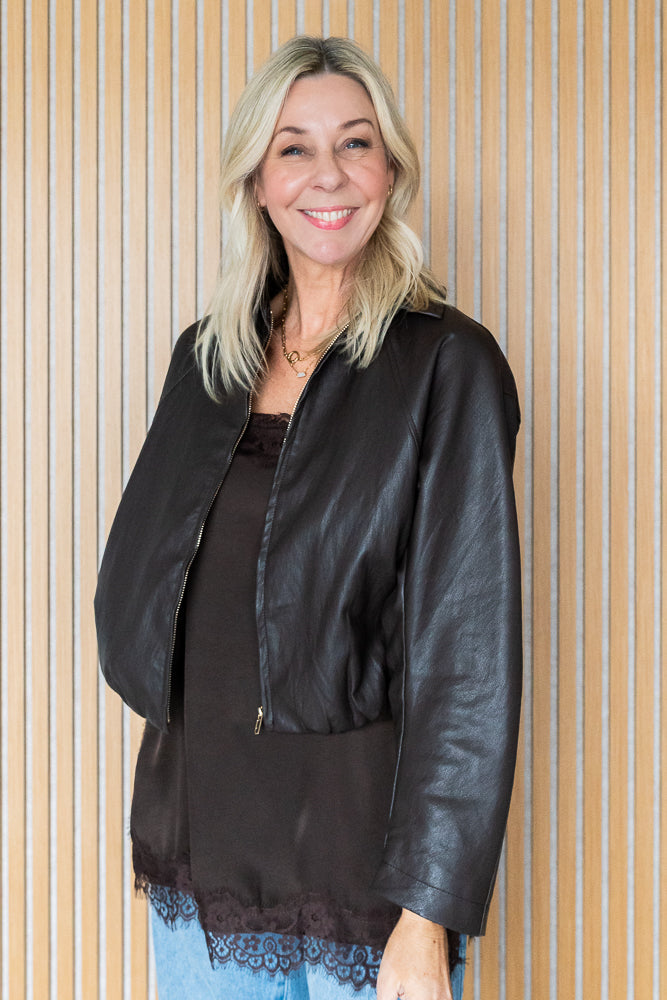 Cocoa Bubble Hem PU Jacket