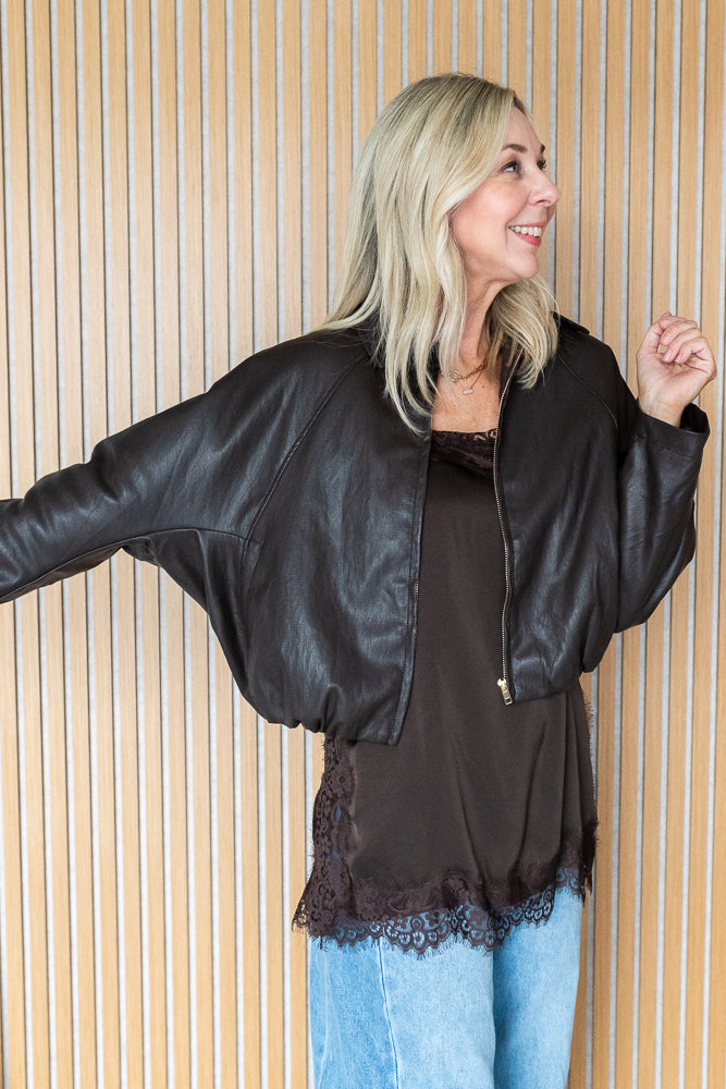 Cocoa Bubble Hem PU Jacket