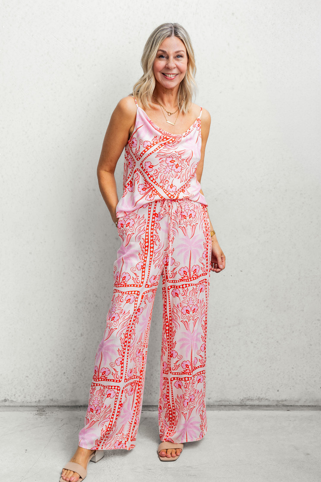 Fresco Drawstring Pant - Pink/Red