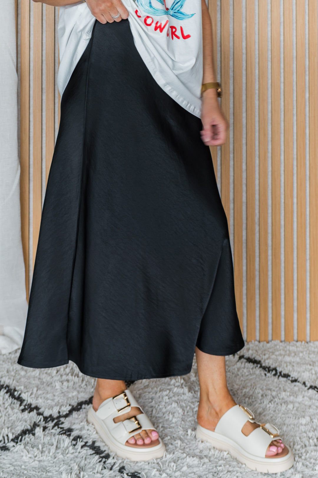 Satin Midi Skirt - Black
