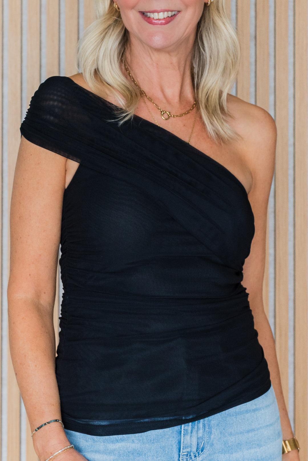 One Shoulder Mesh Top - Black