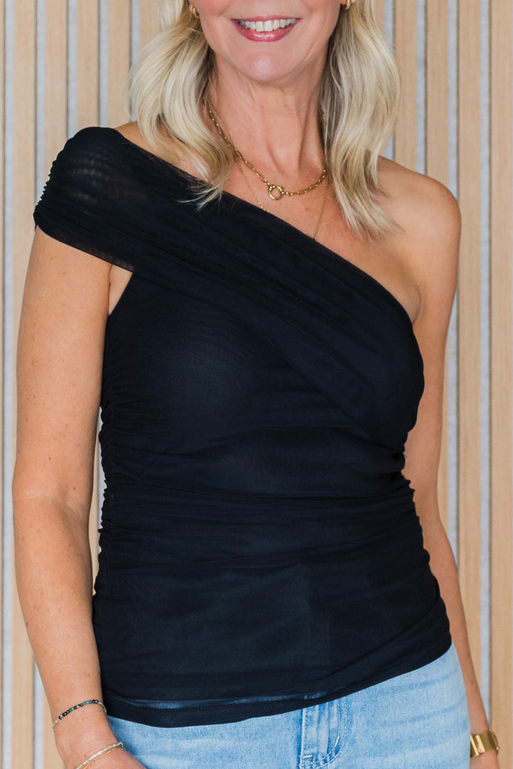 One Shoulder Mesh Top - Black