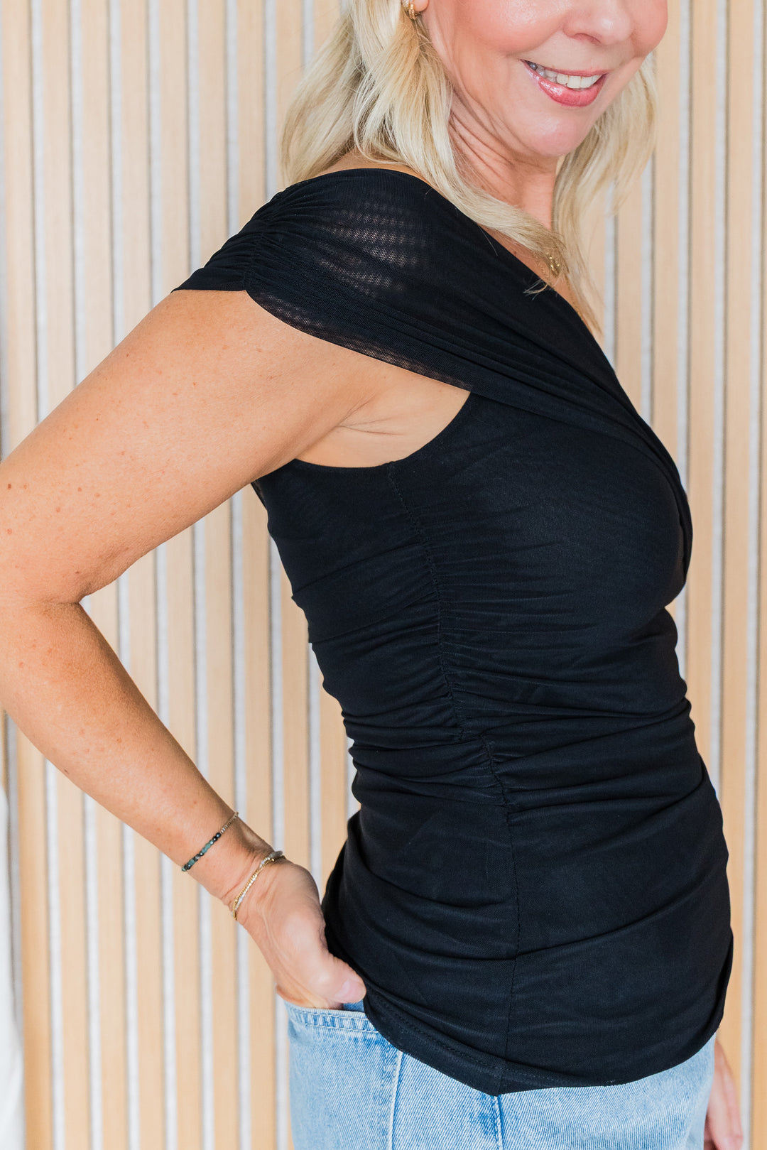 One Shoulder Mesh Top - Black