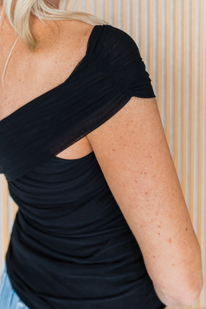 One Shoulder Mesh Top - Black