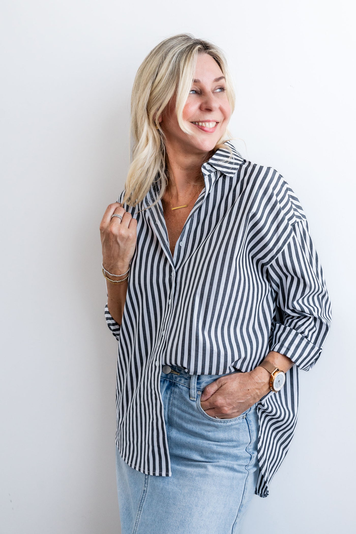 Striped Loose Fit Shirt - Charcoal