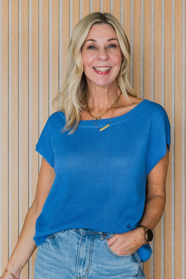 Henley Knitted Top - Cobalt