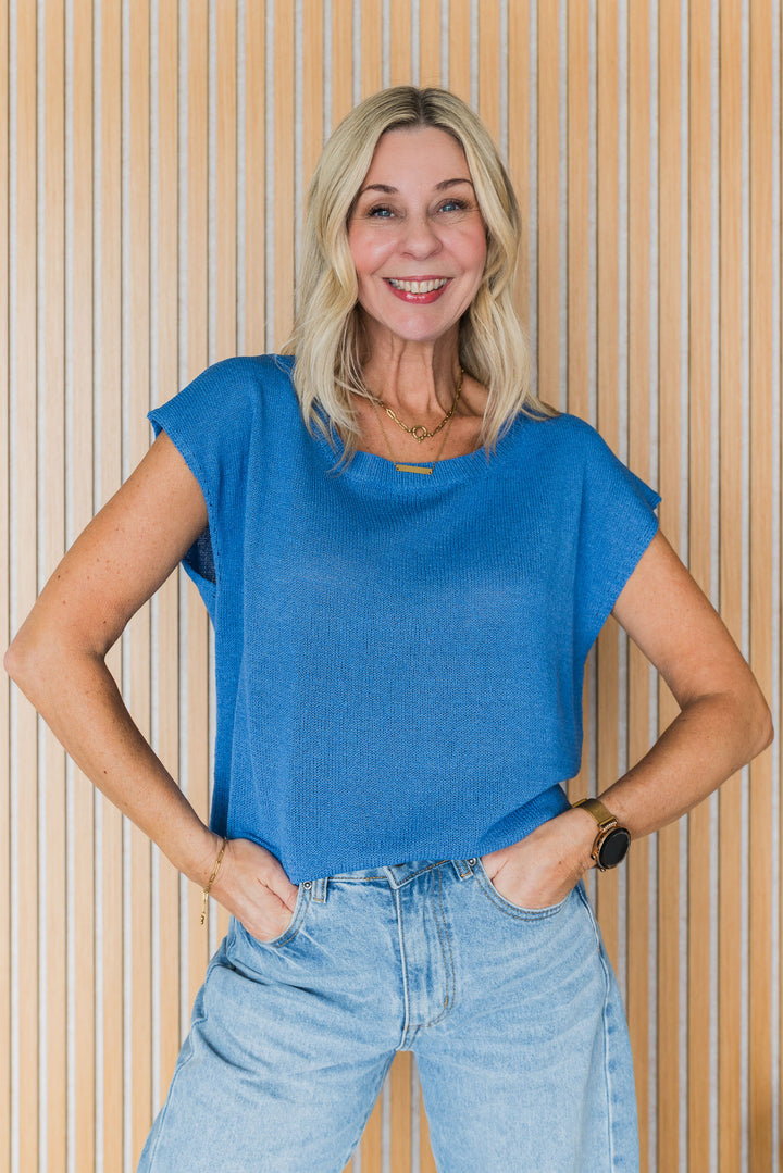 Henley Knitted Top - Cobalt