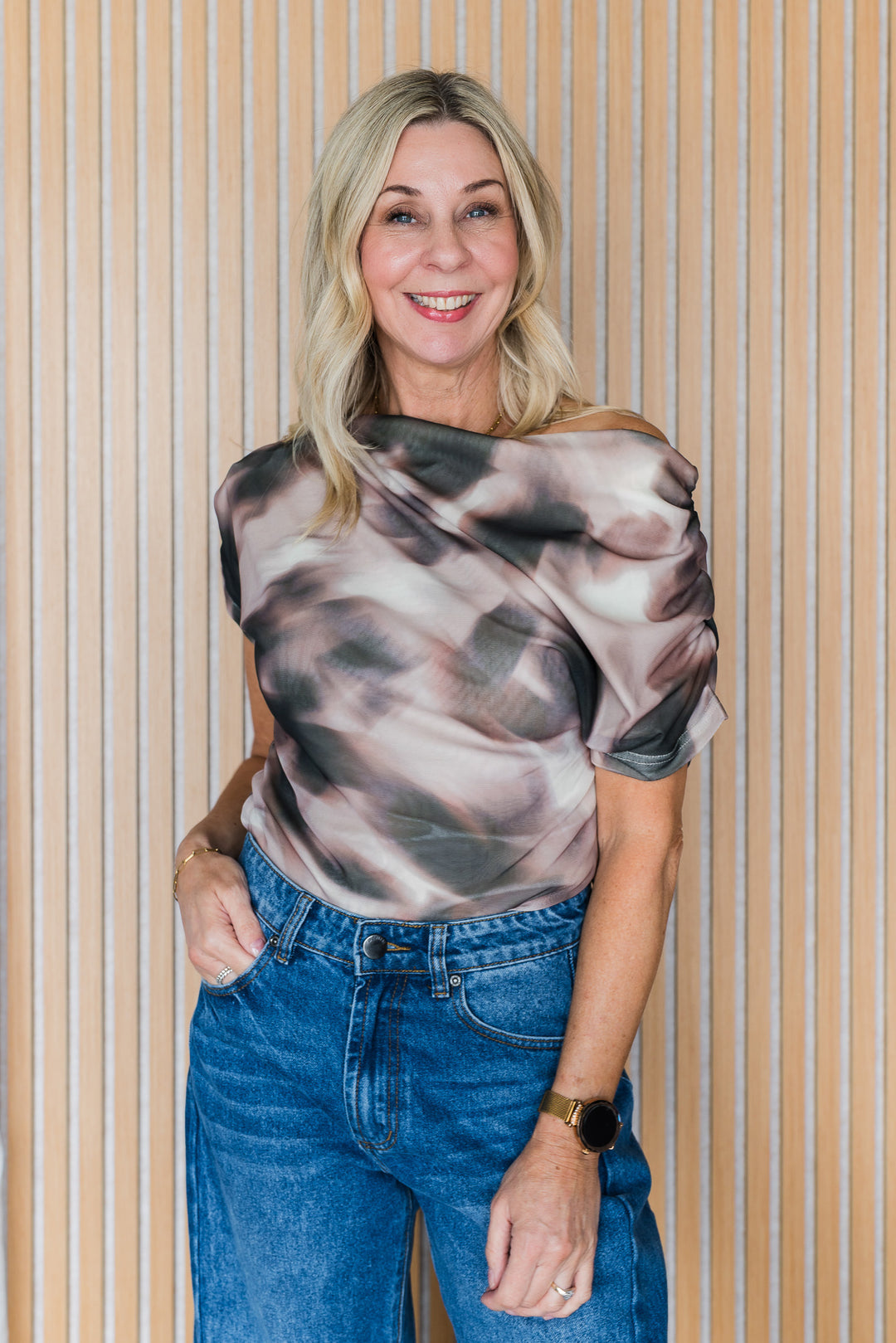 Tie Dye Mesh Cowl Neck Top - Latte