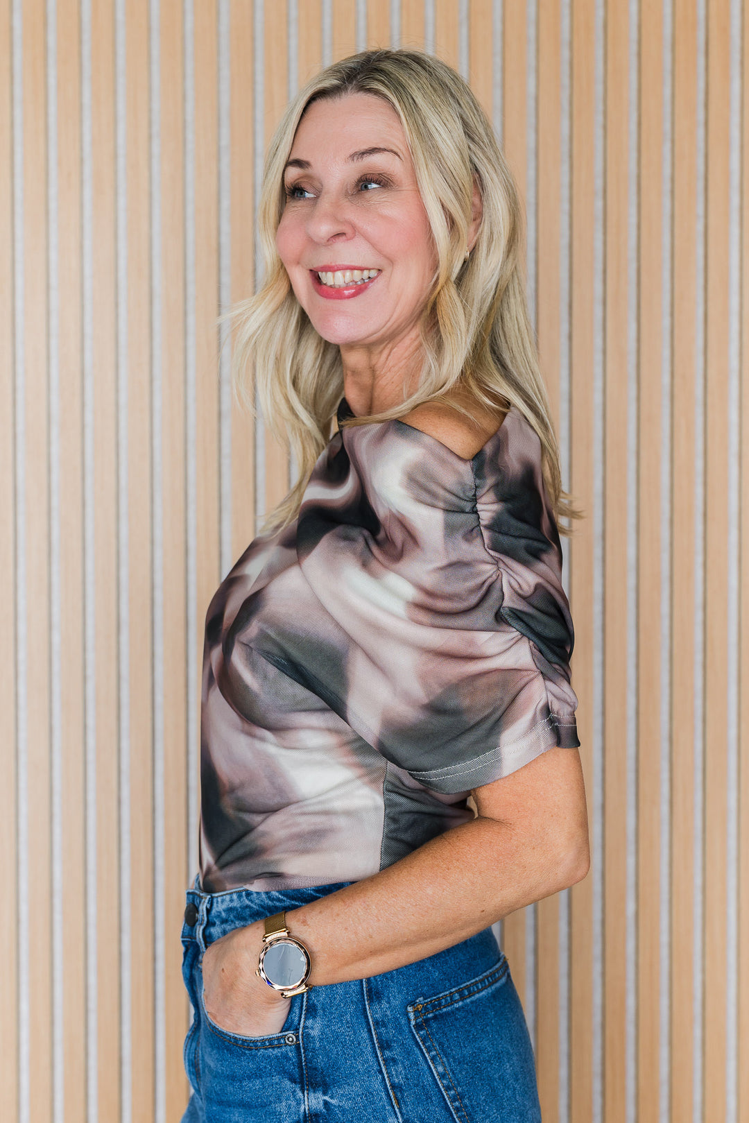 Tie Dye Mesh Cowl Neck Top - Latte