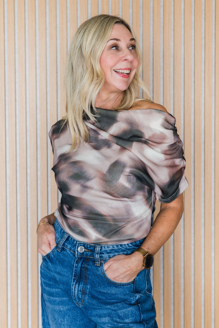 Tie Dye Mesh Cowl Neck Top - Latte