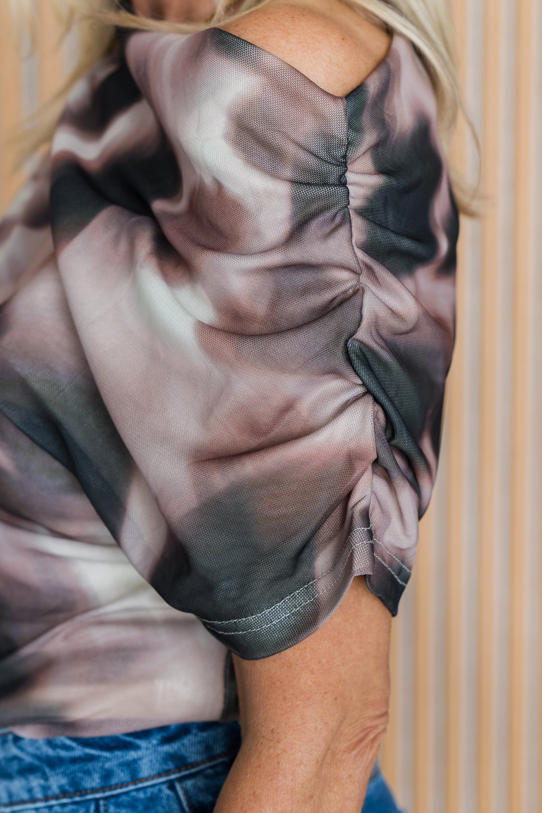 Tie Dye Mesh Cowl Neck Top - Latte