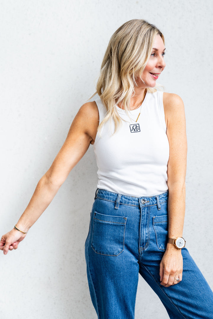 Logo Ribbed Tank - White